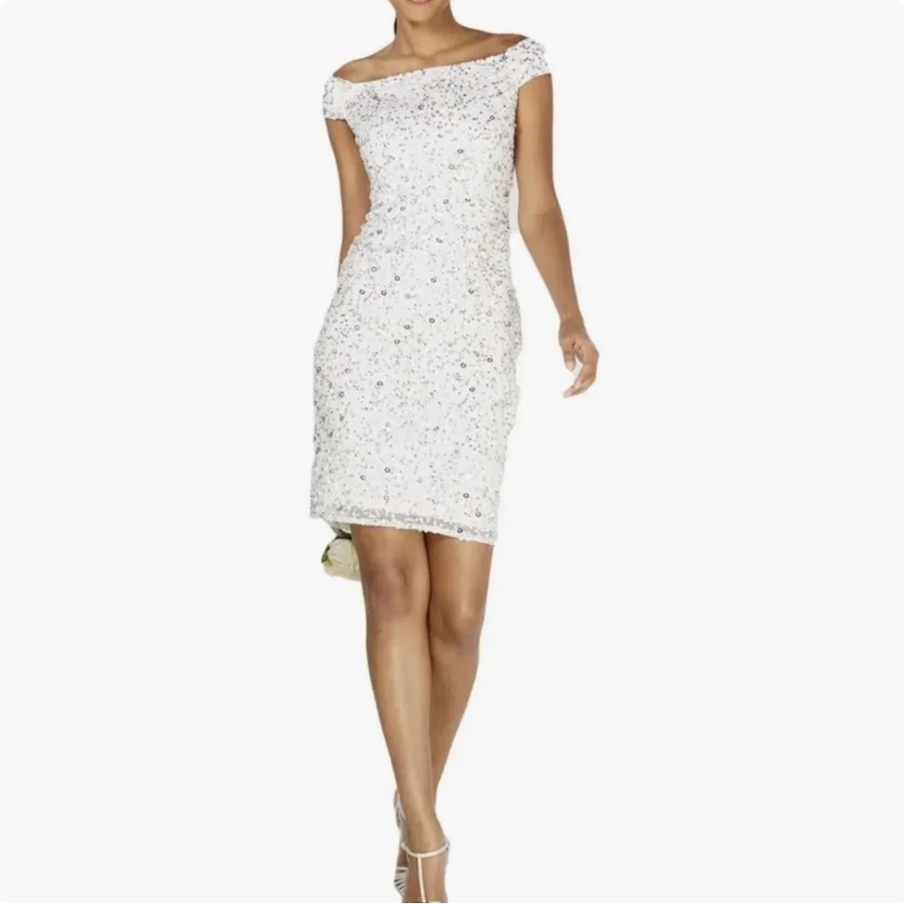 Adrianna Papell Women's sexy, white Off-The-Shoulder Beaded Dress  10P 1 x worn